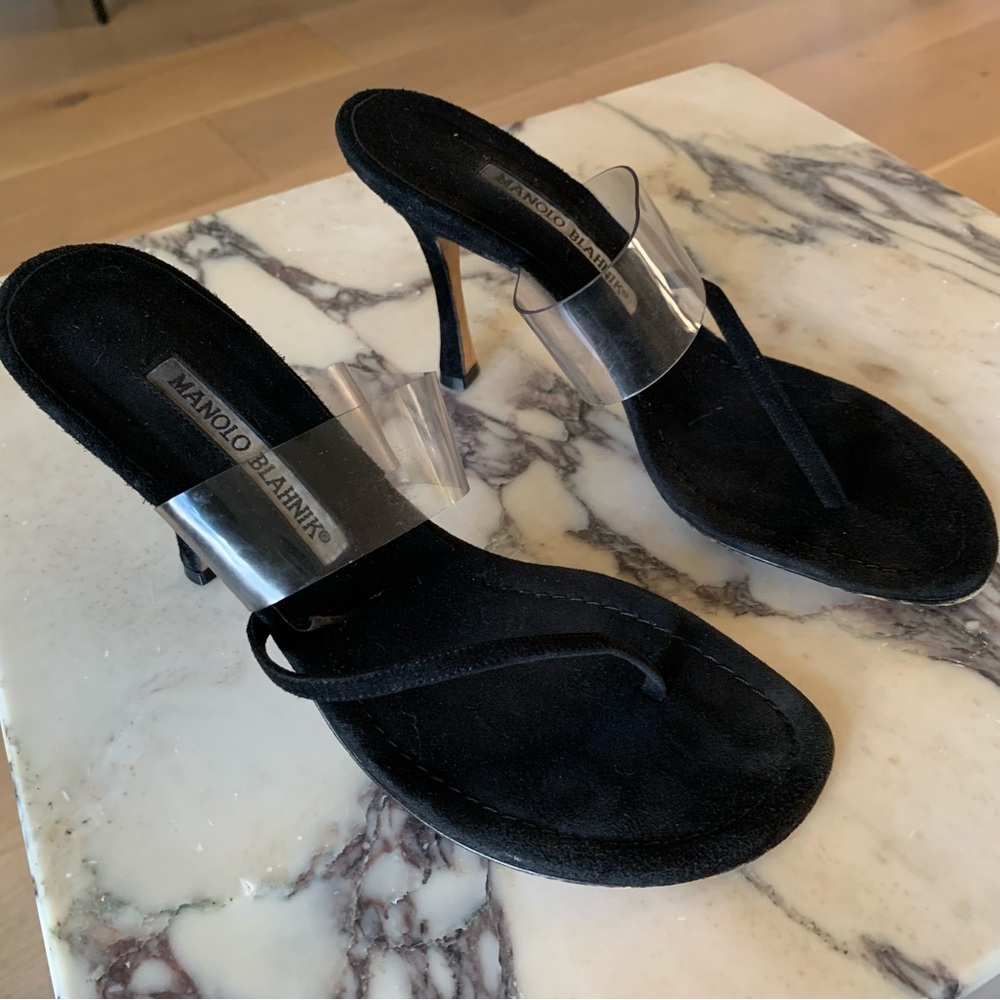 Manolo Blahnik Black Suede Heeled Sandals with Clear Straps